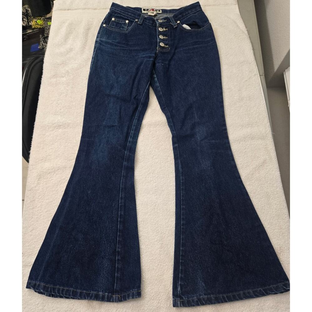 Y2K R4R Rave 4 Real Bell Bottom Jeans Extreme Flare Button Fly Dark Wash